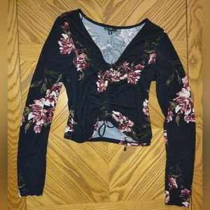 Dynamite black floral long sleeve drawstring crop shirt